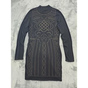 Say What Long Sleeve Mock Neck Heat Seal Stone Dress L Black Bodycon Stretch